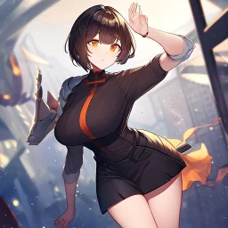 wearing a short skirt, black short hair, orange eyes, wearing a Mishoyi