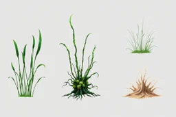 "Isolated concept art of multiple types of alien grass on a plain neutral background. Designed for different biomes: Forest biome – lush, dense, tall grass with strange broad blades, glowing tips, and twisted leaves. Swamp biome – slimy, wet, moss-like grass with tangled roots, bioluminescent details, and spongy textures. Desert biome – dry, spiky, brittle grass with sharp edges, thorn-like blades, and pale dusty colors. Each grass type should have a unique silhouette and texture. Science fic