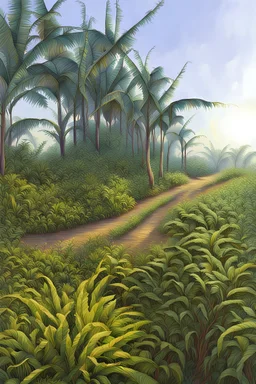 The drawing is devoid of characters. It is a drawing of the countryside of the village of Hajj Khalil. It shows tall banana trees, with tall green grass next to them, then a path decorated on both sides with beautiful green grass with warm sunlight reflecting on it. The sky is turning purple and the sun is about to set. Make it an oil painting