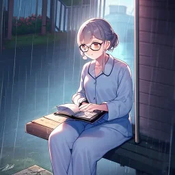 anime girl writing with a pencil in a book sitting on a porch swing of a very old house in the rain, wearing pajamas,wearing glasses, rain and raindrops