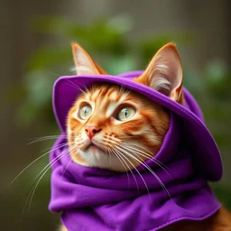 red cat wearing a purple hat