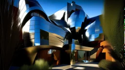 Groundbreaking Frank Gehry architecture: Asymmetrical, titanium-paneled family home with bold, angular forms, expansive glass elements, and a seamless indoor-outdoor flow, high detail, splitlight effect, profesional photography, hard shadows, high contrast