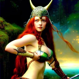 portrait 'beautiful Sexy Busty Redhead Sif',braided long hair,horned helmet, celtic tattoed,crystal clear green eyes,painting by gaston bussiere, greg rutkowski, yoji shinkawa, yoshitaka amano, tsutomu nihei, donato giancola, tim hildebrandt, oil on canvas, cinematic composition, extreme detail,fit full head inside picture,32k