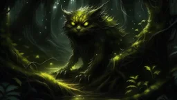 And then, out of the dark depths of the forest, like a nightmare, came a creature. It was huge and shaggy, as if plucked from the darkest of dreams. Its claws glinted in the flashing lights, and its yellow eyes shone like two twinkling stars in the night sky