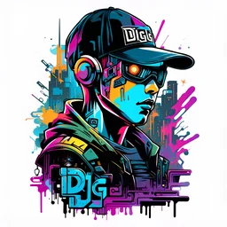 Vector t shirt art ready to print abstract color graffiti illustration of a cyberpunk boys and a basecap with text "Digi".On cap, white background.