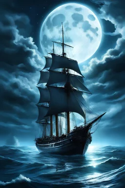 Majestic ship sails smoothly, calm ocean beneath, massive full moon overhead, silver glow on water likened to liquid metal, sails catch moonlight, appear translucent, ghostly apparition impression, ethereal realm feel, silver seas theme, digital painting, ultra realistic, dramatic lighting.