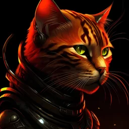 A realistic humanoid cat, sunset orange fur, blood red stripes, Wearing black leather armour, Glowing green eyes, shrouded in shadows, sparks and flames surrounding, piercing left ear
