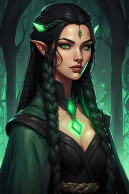 Young beautiful female Hexblood warlock character. Lightly tanned skin. Long straight jet-black hair to the waist. Half-up hairstyle with two loose Dutch braids on each side. Bright glowing pale emerald-green eyes. Delicate face. High cheekbones. Full lips. Soft smile. Slightly pointed ears. Faint dark vine-like markings on neck and collarbone. Black cloak. Realistic dark fantasy. Highly detailed. Cinematic lighting.
