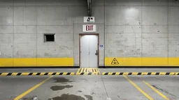 wall design for parking garage, concrete, yellow painted hazard lines, weathering and water stains, in middle is an exit doorway with small window, with a sign is above. rough painted hashmarks and parking lines, add signage found in a parking garage.