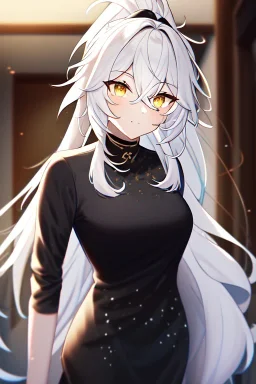 girl, masterpiece, best quality, cinematic lighting, detailed outfit, vibrant colors, perfect eyes, long hair, white hair, golden eyes, ponytail, messy hair, captain outfit, hair between eyes, indoors, depth of field, ray tracing,