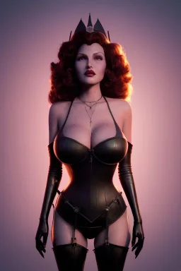 Rita Hayworth as evil queen in black leather, busty, cleavage, curvy, angry, stern look. character design by cory loftis, fenghua zhong, ryohei hase, ismail inceoglu and ruan jia. unreal engine 5, artistic lighting, highly detailed, photorealistic, fantasy