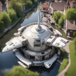 one large detailed space craft , hatches and antennas , windows, on a wide Canal on a summers day, German village, , exhaust ports , luminescent , google street view ,35 mm focal length