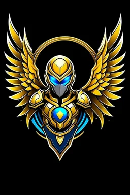 Gaming yuong man have a wings with a golden armor and gem is five integrated avatar logo design