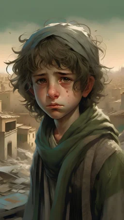 a Palestinian poor boy with curly hair, tears on eyes, holding olive branch, in keffiyeh, torn old dirty clothes in winter, ruined city background, winter , art by Wadim Kashin, James Gurney, Alphonse Mucha, Louis Royo, Alberto Seveso, Jeremy Mann and Russ Mills