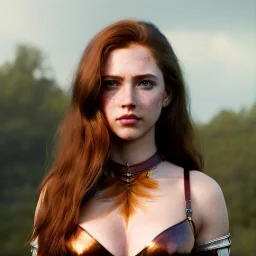 hyper realist, hyper detailed, stunningly beautiful teen girl, long ginger hair, green eyes, medium freckles, full lips, skimpy fantasy intricate leather armour, full body and head, c-cup breasts, shocked expression, centred camera, full frame, petite, centered camera