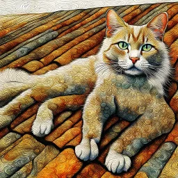 Golden ratio, ultra detailed watercolor painting, wet on wet painting, soft edges beautiful (((Masterpiece))) Create an image of a calico cat partially submerged in water, with its face and upper neck visible just above the surface. The cat has distinct patches of orange, black, and white fur, giving it a vibrant and colorful appearance. Its eyes are large and expressive, with a bright green hue that reflects the light filtering through the water. The background is a rich und