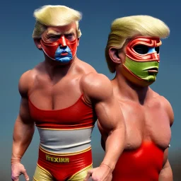 Realistic image of Donald trump wrestler, Mexican wrestling style, Mexican eyes wrestling mask, red and blue breeches, glow us flag dress, suspenders, retro style, 80s, vibrant color, highly detailed, sky background, concept art, unreal engine 5, god rays, ray tracing, RTX, lumen lighting, ultra detail, volumetric lighting, 3d, finely drawn, high definition, high resolution.