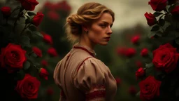 in front back to the camera a dark blonde young woman in old hungarian pale villager clochts stands in front of the nice red rose bush, und dark red running roses around, detalied, sharp focus, high realistic