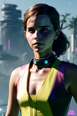 Emma Watson, full-length, in a swimsuit, cyberpunk 2077, photorealistic illustration, 8k