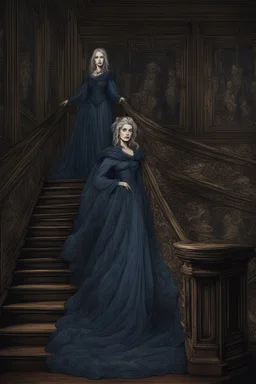 The Countess is a ghost, she has a long, flowing dark blue dress. she goes down the stairs, Hanging in the castle room, there is a tapestry composed of the preserved faces of the Countess' ancient victims.