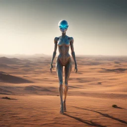 Amidst the desolate landscape, a female alien emerged from the shimmering heat haze. Her form was unlike anything seen on Earth, yet strangely captivating. Multiple eyes, each a different hue, scanned the horizon with the precision of advanced sensors. As she moved across the barren terrain, her movements were fluid and graceful, Each limb moved with purpose, adjusting her trajectory across the sandy expanse. Occasionally, she would pause, Her communication came not in words, but in pulses of li