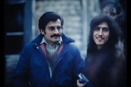 ayoung man and a beautiful woman standing next to each other, 1 9 8 0 s analog video, with mustache, assyrian, small glasses, cold scene, out of focus background, house on background, the woman has long dark hair, the photo shows a large, deiv calviz, before the final culling