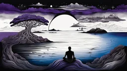 one alone human shiluette sitting on deep colors dark purple, gray, black, dark blue, white, brown. and metallic colors,, little island on big ocean, next the island close there is beautyful color landscape with cites and with many humans, deep dark colors . lonely. detailed artistic surreal drawing with painted and ink picture, random normal neurotipical lifes contrast the weird inner world with neurodivergens soul an