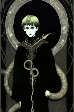 7 year old boy, necromancer, friendly, looks dead,with a lamprey serpent , wearing black robes, in the style of Harry Clarke