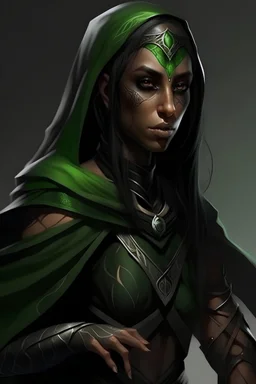 Immagine fantasy di un elfo femmina guerriera di pelle mulatta con occhi verdi e velo nero che lascia scoperti solo gli occhi, corpo magro e lungo mantello, cicatrice sul gomito