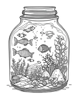 sea life in jar minimalistic, line art, background, vector, svg, coloring book page style, black outline on white background