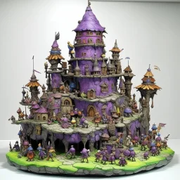 A purple castle in a chaotic realm designed in Hawaiian tiki statues painted by Pieter Bruegel the Elder
