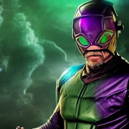 Kevin Bacon as Mysterio, Marvel, Green mist, MCU Multiverse, Zombie Avengers, Purple Background, Green clouds, Mist in helmet, Evil Dead Cabin, Necronomicon Book,