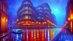 Modern city at night with modern cars, impressionism painting