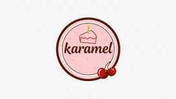 A round logo with a black and pink border named (karamel) designed for a candy shop with a cherry gold and pink theme on a white background and using symbols of chocolate and birthday cake and a few cherries hanging from the side of the logo.