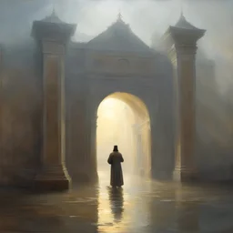 Потоп,Странник молится,Врата дворца,туман,яркий свет,стиль Василия Поленова