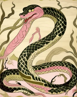 A pink poison elemental snake designed in Bayeux tapestry painted by Lyonel Charles Feininger