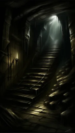A stair from underground to anothet, darkness reigns supreme, swallowing light and casting an eerie gloom. Jagged rocks jut ominously, shadows dancing with unseen creatures. Sinister shapes glide, eyes gleaming in the murky depths. Distant rumblings and creaking sounds fill the water, sending shivers. In this desolate underworld, fear of the unknown pervades every corner, where the slightest movement evokes terror. It's a realm where nightmares manifest, and the deep, unfathomable expanse inst