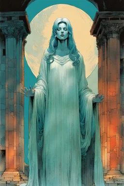 create an imaginative print illustration of the pale translucent ghost of an ancient female Oracle, Pythia clothed in ragged ornate Grecian robes, with finely detailed hair and feminine facial features, in the ruined temple of the dead , in the comic book art style of Bill Sienkiewicz, Mike Mignola, and Jean Giraud Moebius, finely textured, drawn, colored, and inked, suffused with dark foreboding shadows