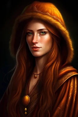 a woman in her twentise, long copper hair, fur hat, in a maroon robe, beautiful lean face, yellow eyes, realistic epic fantasy style