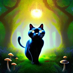 black cat, walking, psychedelic forest, crystals, mushrooms