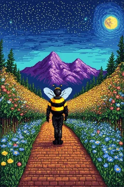 "Buzzkill" has a man in a bee costume as the main subject. The background is a post-impressionist sky like "A Starry Night." Cubist purple mountains majesty loom in the distance. A meandering brick path lined with multi-color solar garden lights amongst luminescent moonflowers lead the bee-man toward the mountains.