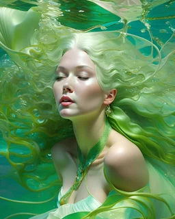 portrait d'une femme à la peau translucide. Ses veines apparaissent sous sa peu. Ses cheveux flottent comme sous l'eau. Elle porte des ornements végétales.