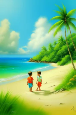 tropical beach two childeren paining