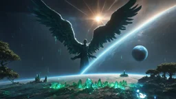 matrix universe, space, planets, god creation, angels from other dimensions with beautiful wings, trees on the planet, behind green crystals of light, command conquer tiberium monolith deposits on the planet near tree,