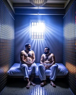 full figure shot photography of two arab prisoners in cell sitting on the edge of a bed talking, muscular hairy chubby 45 years old,long beard, low lights, misery and poverty, in undershirt and boxers, little light enters from a skylight above, lights from above, photorealistic, ambient occlusion, front view from below