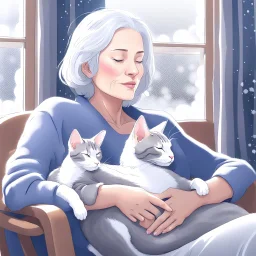 create a sleeping grey haired middle aged woman with chin length hair, sitting on a chair, in front of a window, holding her beloved gray and white tabby Oriental shorthair cat, also sleeping, in her arms. Serene peaceful calm. the snow falling outside