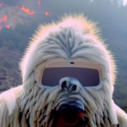 subject = (Yeti in a mask) background = (wildfires, mountains, fires, smoke, disaster)