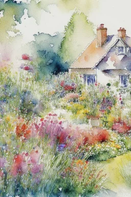 abstract watercolour english cottage garden in the style of jean haines, centred