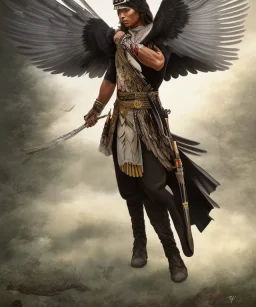 black hawk, native american warrior, long black hair, big muscles, black fabric coat like wings