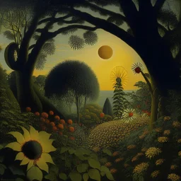 High definition photography of a marvelous landscape, trees, flowers, sun, intricate, atmosphere of a Max Ernst painting, Henri Rousseau, thoughtful, interesting, a bit appalling